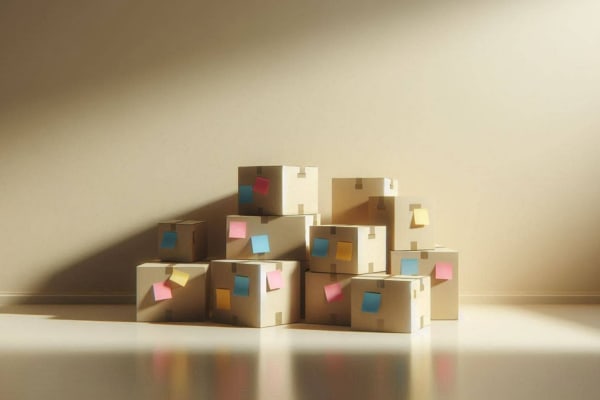 Des cartons empilés avec des penses bête